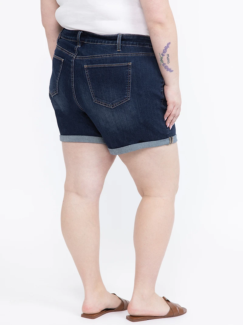 Women's Plus Dark Wash Double Cuffed Midi Short