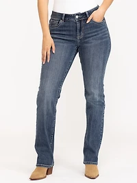 Women's Medium Dark Wash Geo Embroidered Straight Jeans