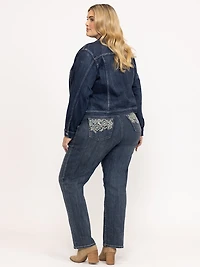 Women's Plus Medium Dark Wash Geo Embroidered Straight Jeans