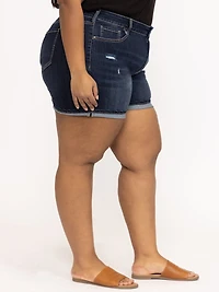 Women's Plus Dark Wash Distress Cuffed Midi Short