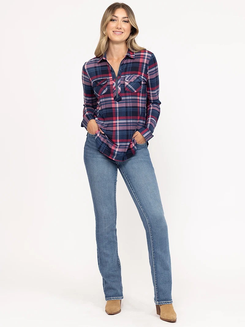 Women's Half Zip Plaid Shirt
