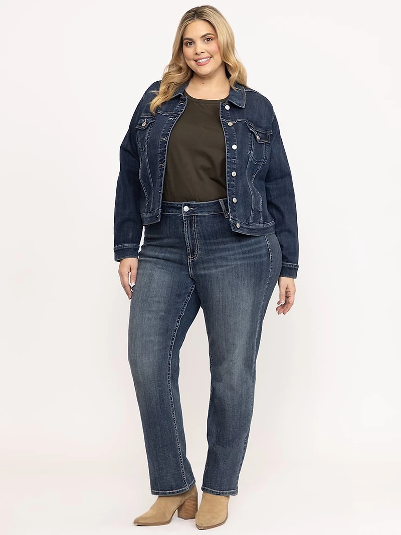 Women's Plus Medium Dark Wash Geo Embroidered Straight Jeans