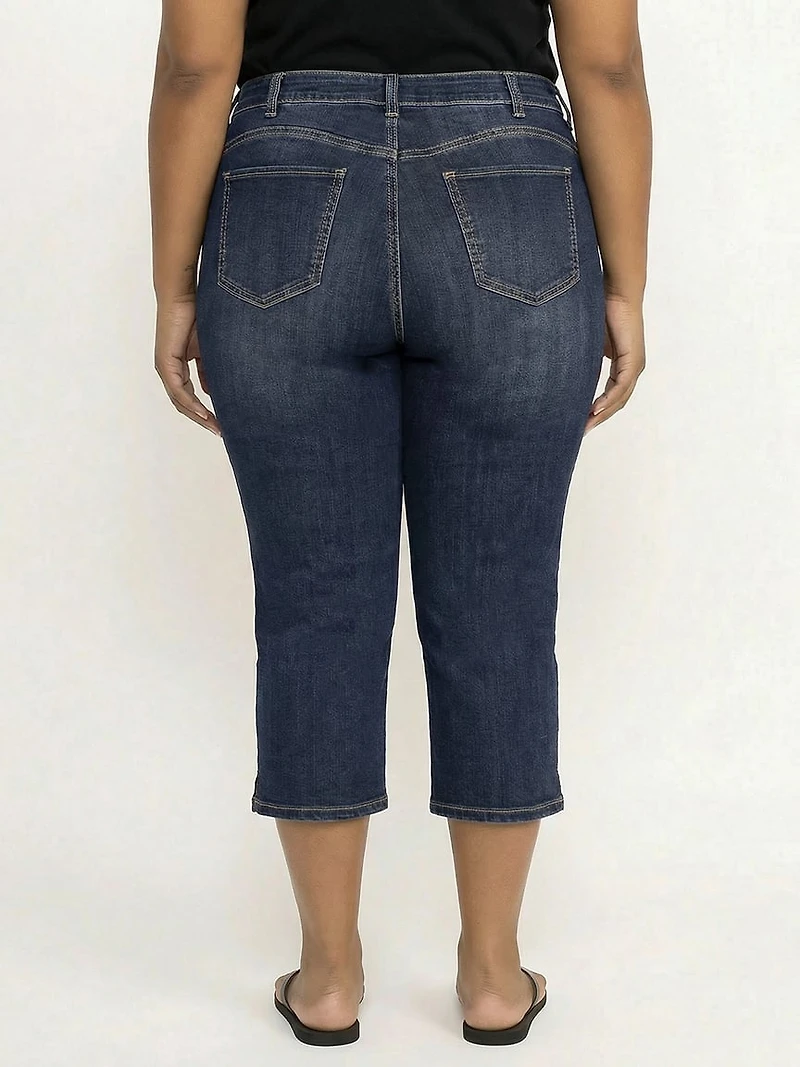 Women's Plus Side Slit Hem Dark Wash Jean Capri