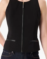 Faux Leather Trim Crepe Vest