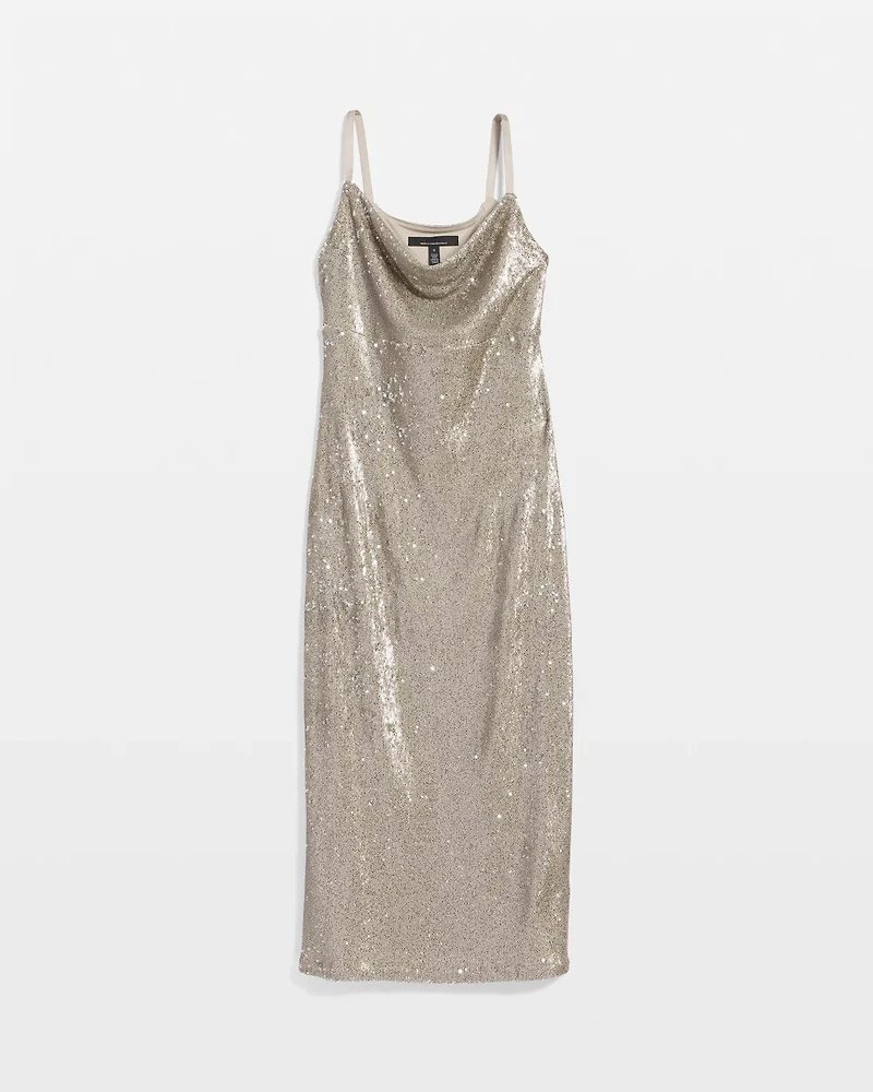 Cowl Neck Sequin Midi Dress