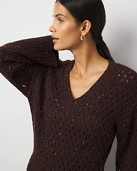 Petite V-Neck Open Stitch Sequin Sweater