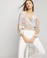 Long Sleeve V-Neck Ruffle Front Blouse