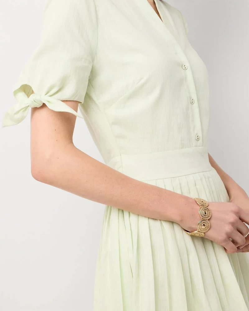 Tie-Sleeve Pleated Midi Dress