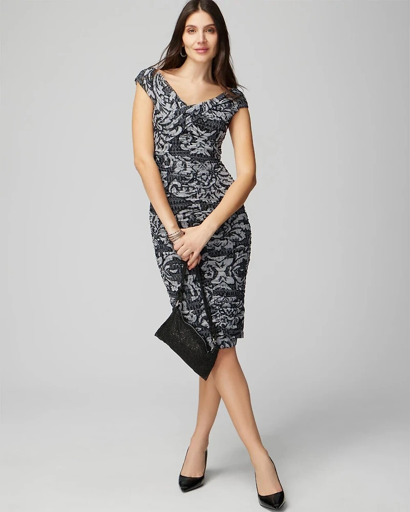 Petite Off The Shoulder Ruched Mesh Sheath Dress