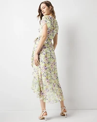 Short Sleeve Flutter Wrap Midi Dress