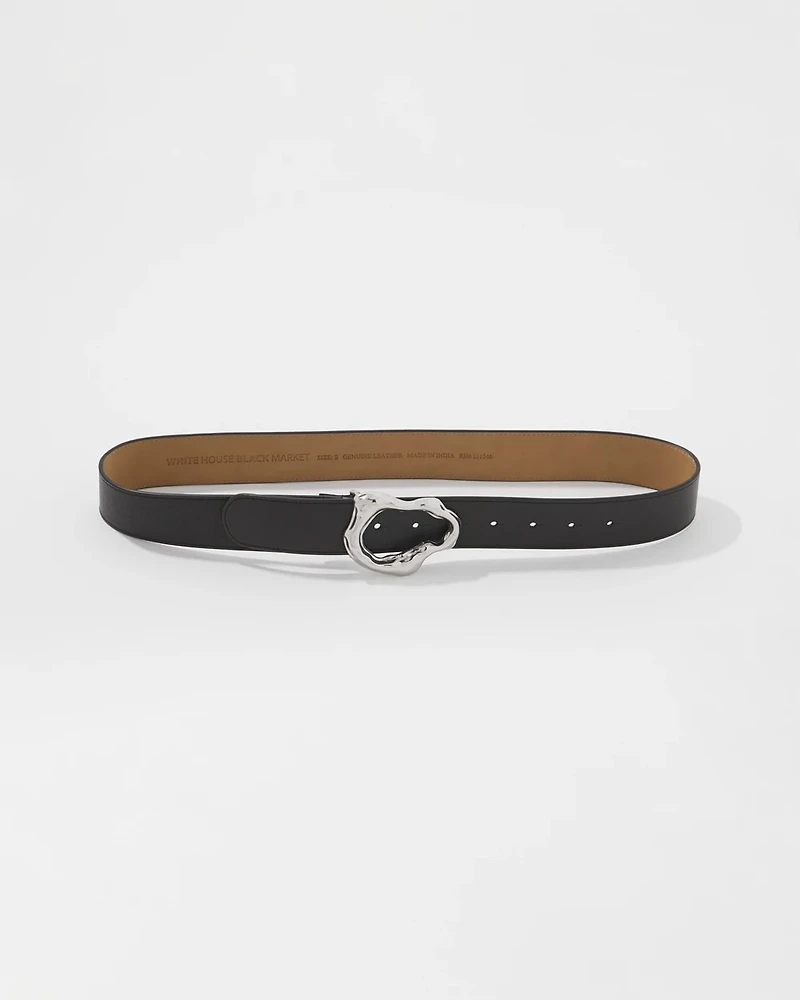 Leather Belt with Silver Sculptural Buckle