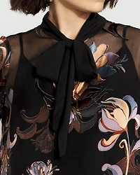 Floral Silk Burnout Tie-Neck Blouse