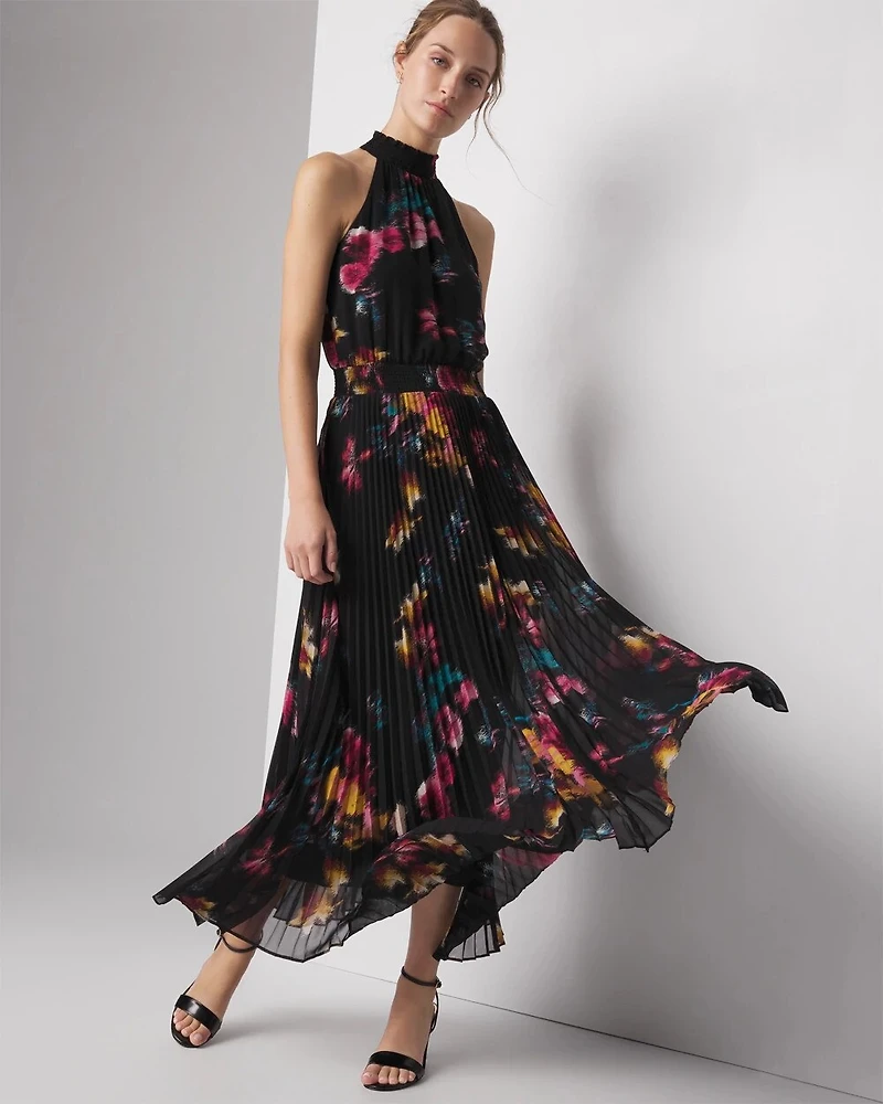 Sleeveless Pleated Halter Midi Dress