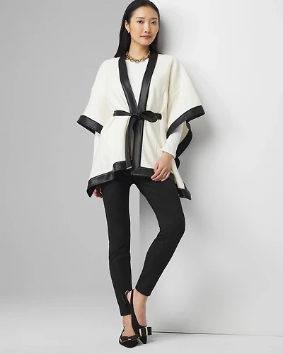 Wool Blend Ruana with Faux Leather Trim