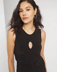 Sleeveless Matte Jersey Ruched Keyhole Maxi Dress