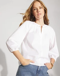 Three-Quarter Sleeve Poplin Blouse with Faux Pearl Pin
