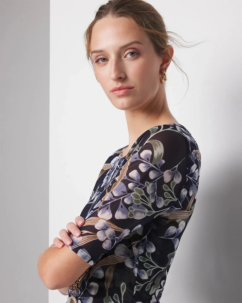 Elbow Sleeve Printed Mesh Ruched Tee