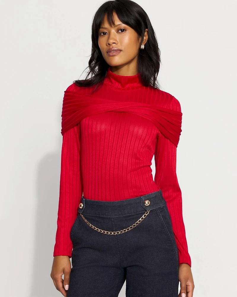 Petite Convertible Mockneck Rib Knit Top