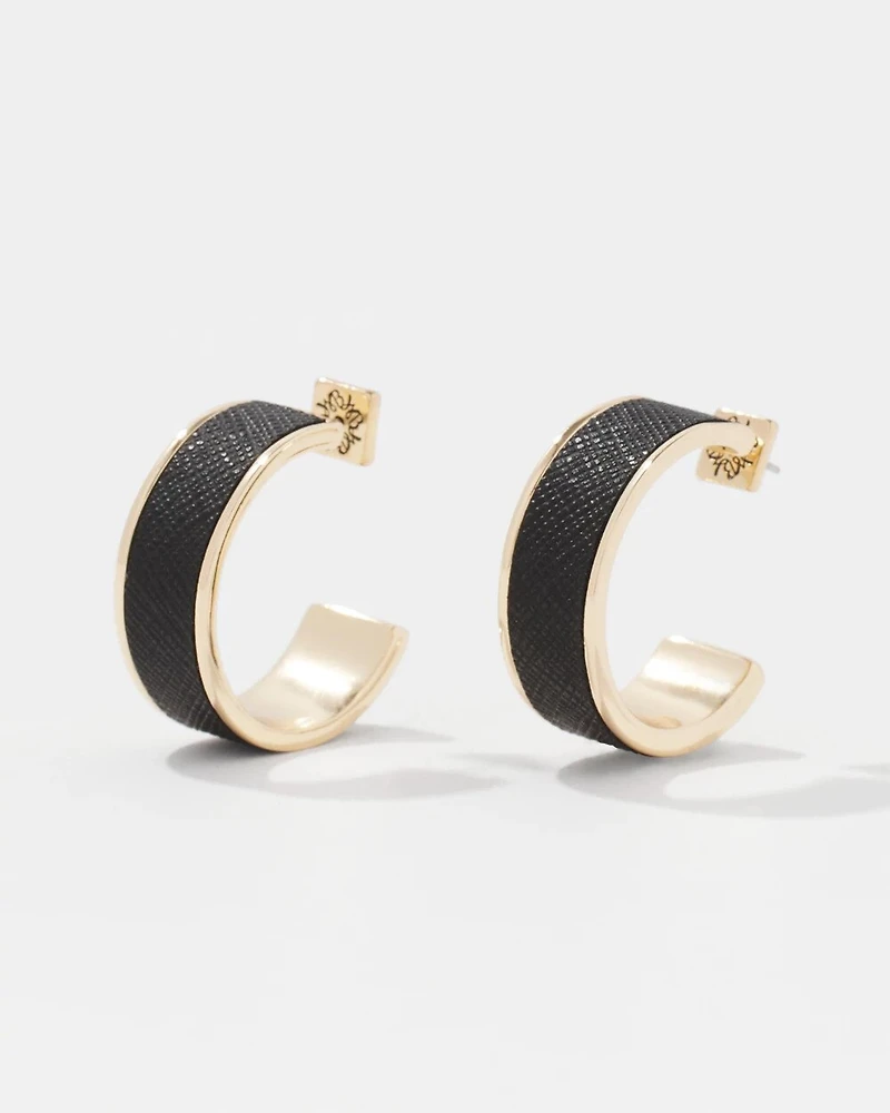 Black Textured Leather Small Hoop Earrings