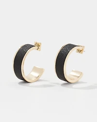 Black Textured Leather Small Hoop Earrings