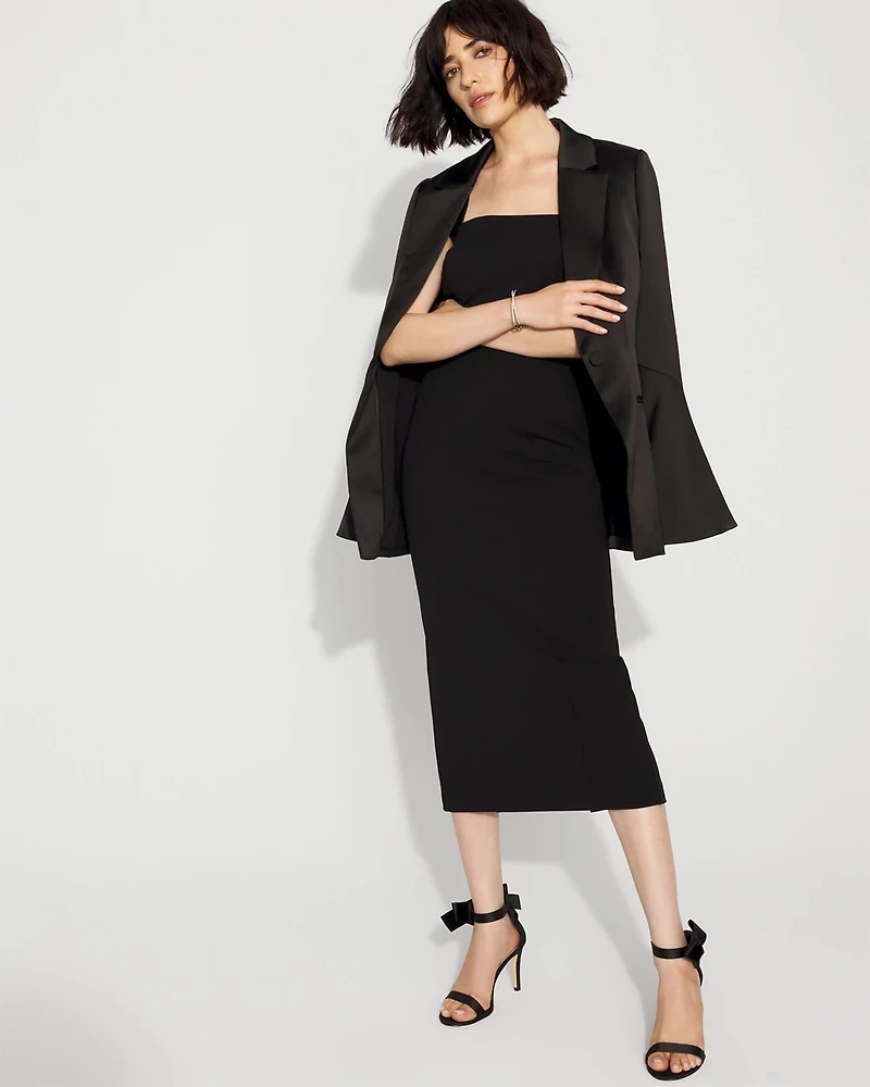 Crepe + Faux Leather Bow Midi Dress