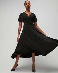 Short-Sleeve Ruched Front Midi Dress