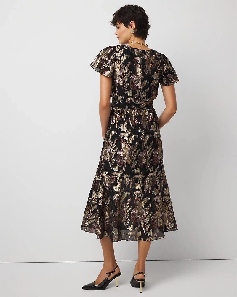 Metallic Floral Surplice Midi Dress