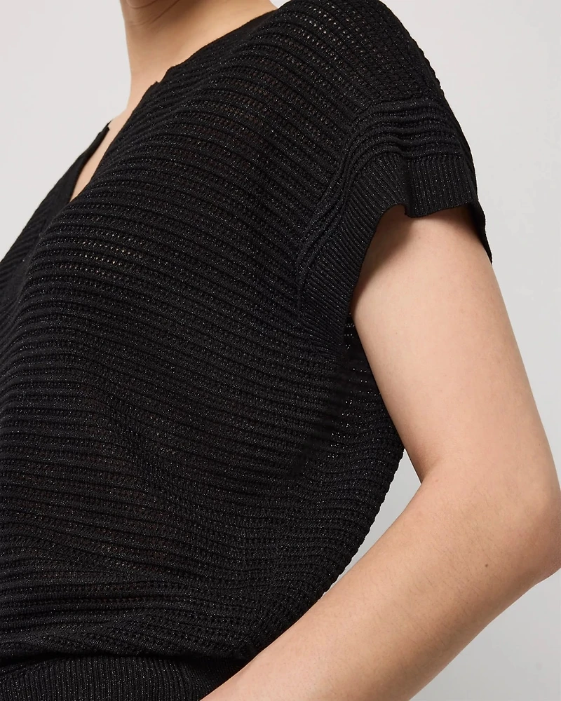 Petite Metallic Stitch Short Sleeve Pullover