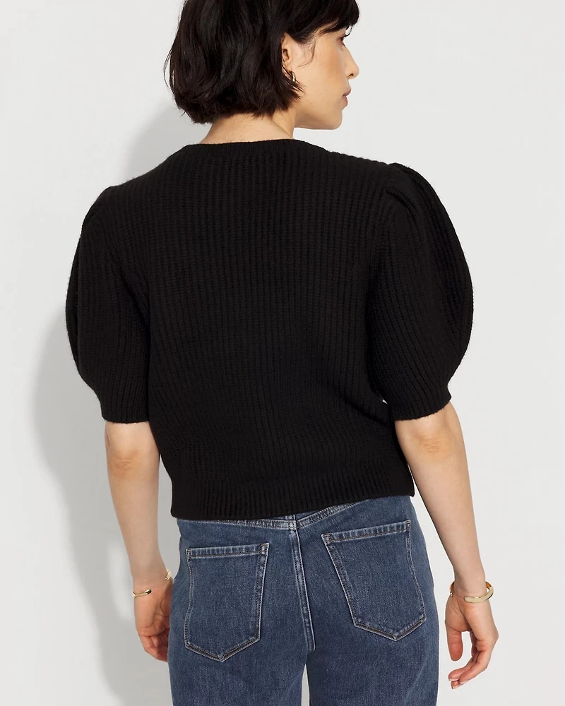 Embellished Puff Sleeve Button-Front Cardigan