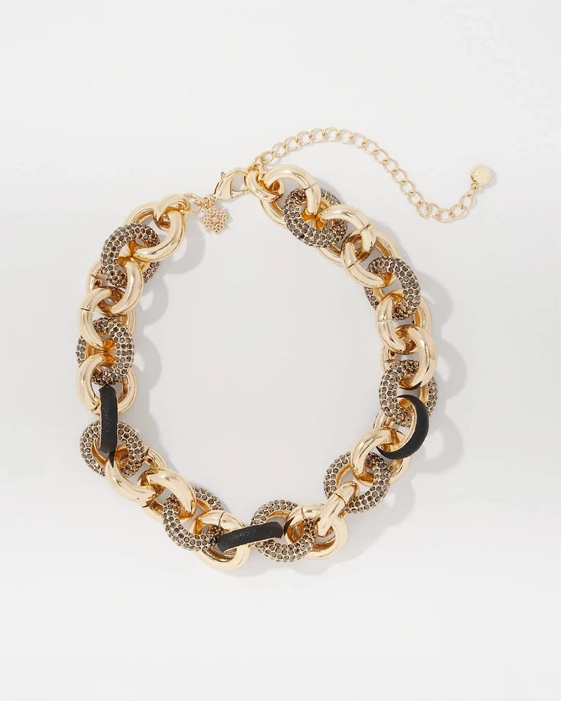 Black Textured Leather + Pavé Link Necklace