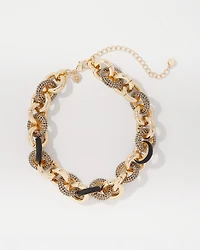 Black Textured Leather + Pavé Link Necklace