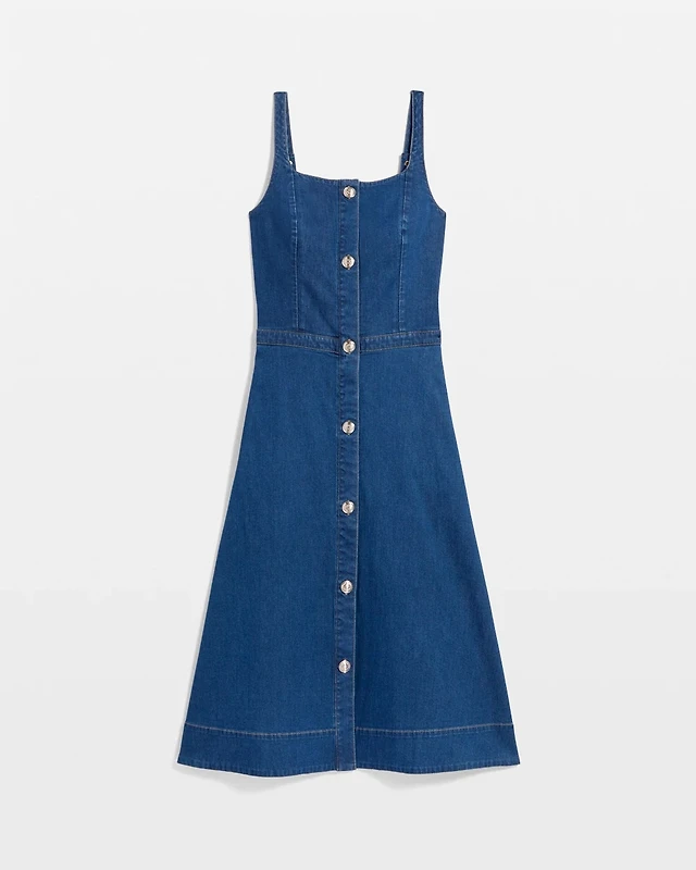 the a&f mila denim midi dress Women's The A&F Mila Squareneck Denim Mini Dress in Medium | Size XS TALL