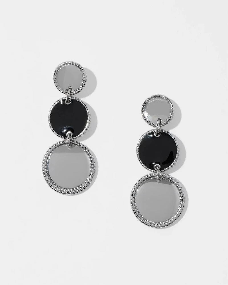 Silver + Black Disc Drop Earrings