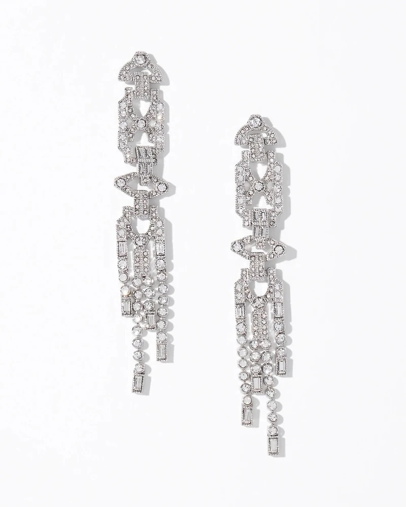 Art Deco Silvertone Crystal Linear Earrings