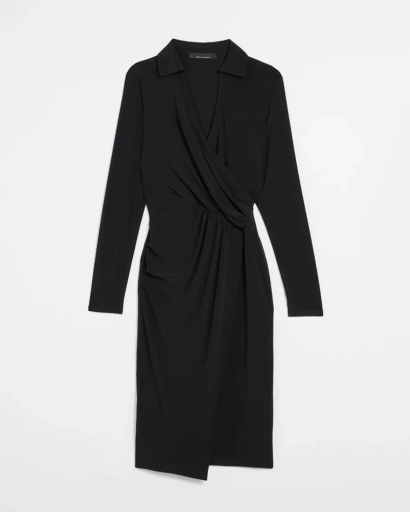 Petite Long Sleeve Matte Jersey Faux Wrap Midi Dress