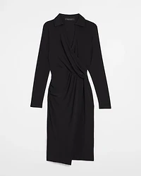 Petite Long Sleeve Matte Jersey Faux Wrap Midi Dress