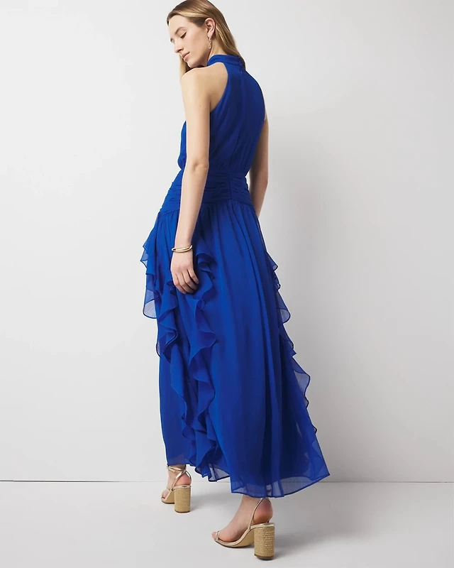 slim fit dress slacks Ruffle Halter Open Back Maxi Dress in Pink and Black main image 0