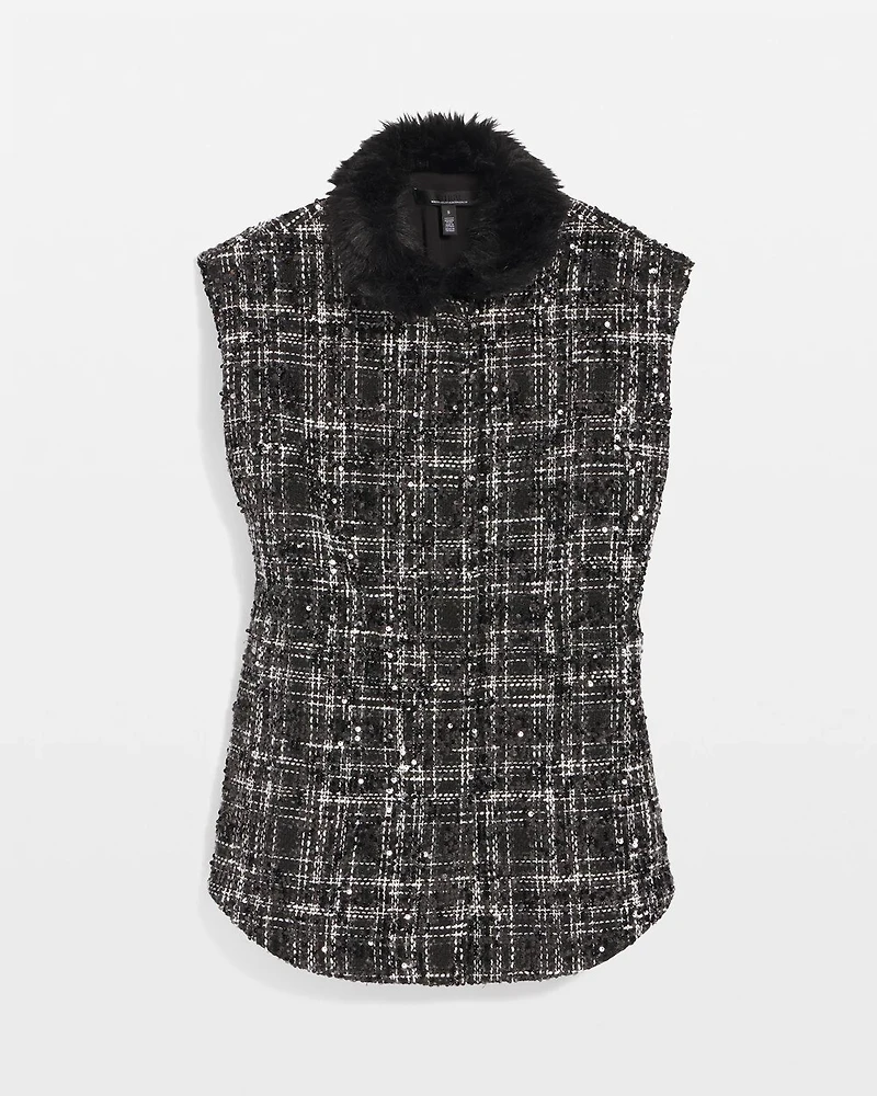 Convertible Faux Fur Sequin Tweed Vest