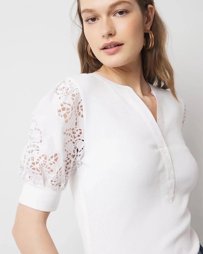Eyelet Puff Sleeve Henley Top