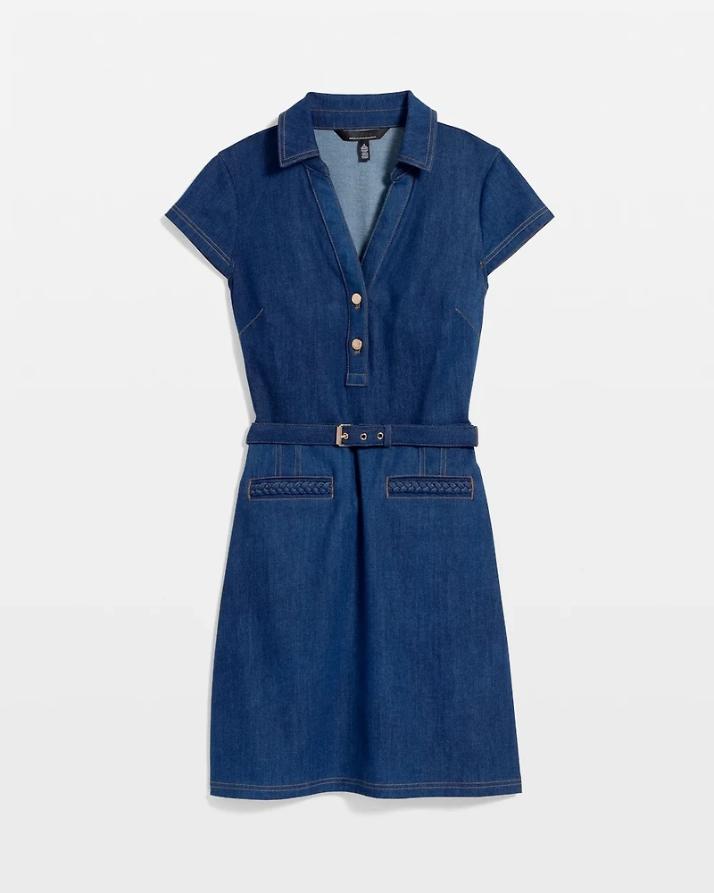 Petite Braided Trim Belted Denim Dress