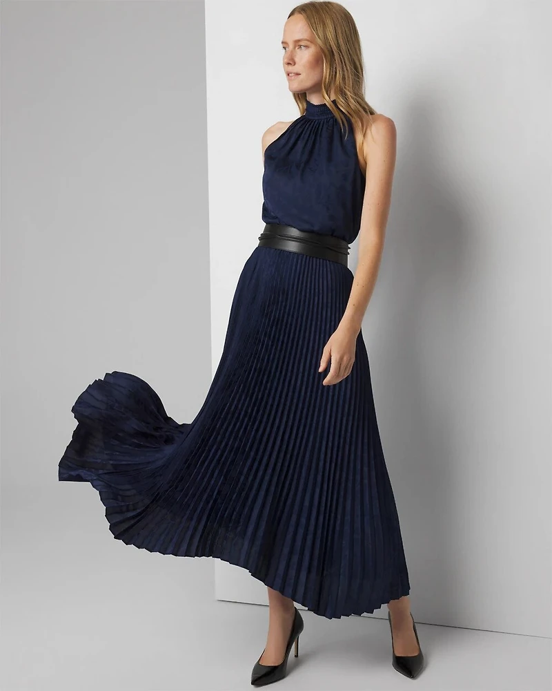 Petite Sleeveless Pleated Halter Midi Dress