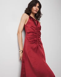 Petite Satin Halter Ruched Midi Dress