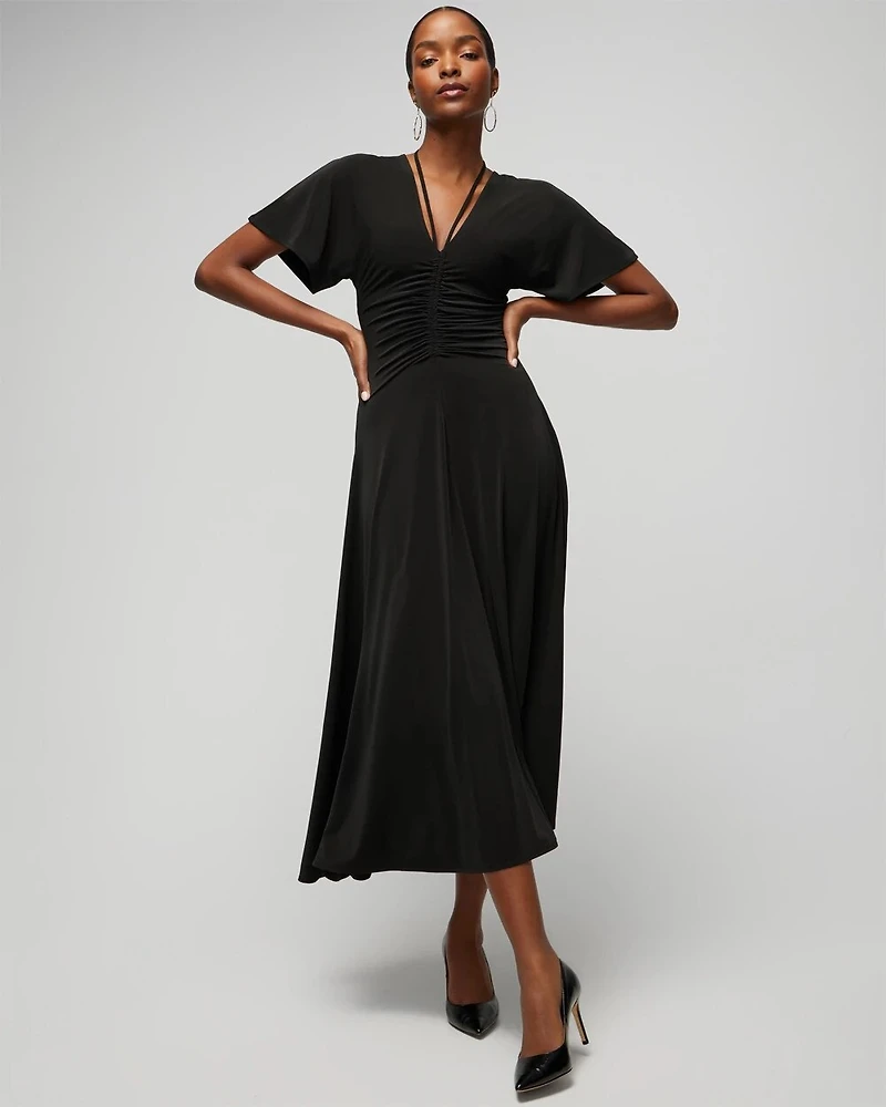 Short-Sleeve Ruched Front Midi Dress