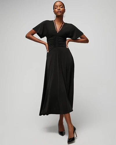 Short-Sleeve Ruched Front Midi Dress