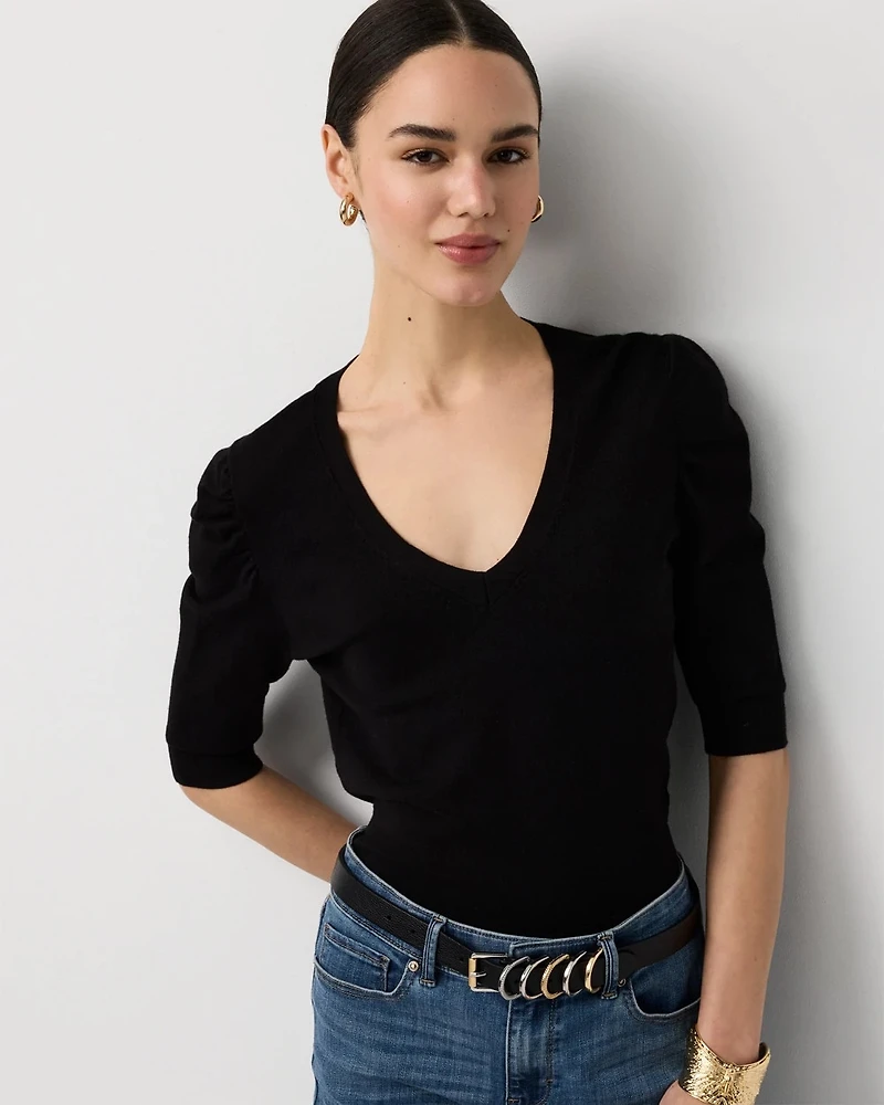 Ruched Sleeve V-neck Pullover