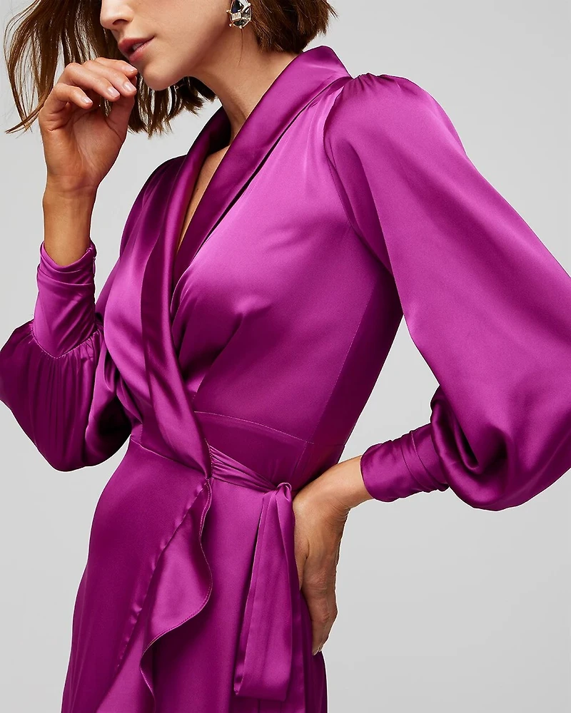 Long Sleeve Satin Ruffle Wrap Dress