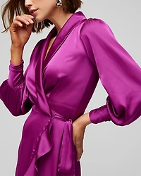 Long Sleeve Satin Ruffle Wrap Dress