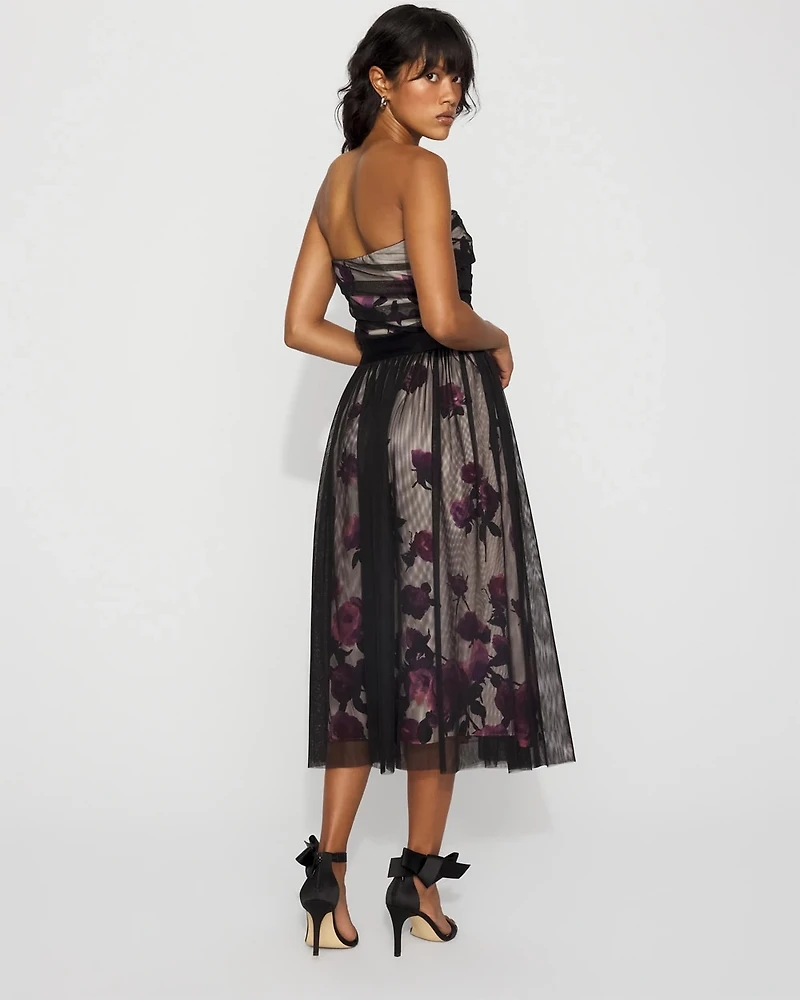 Tulle Overlay Floral Midi Skirt