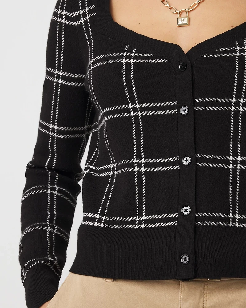 Sweetheart Neck Plaid Cardigan