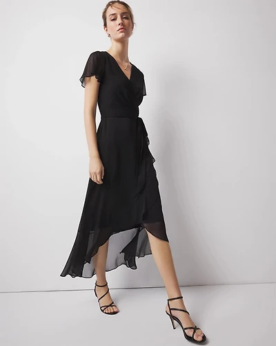 Short Sleeve Flutter Wrap Midi Dress